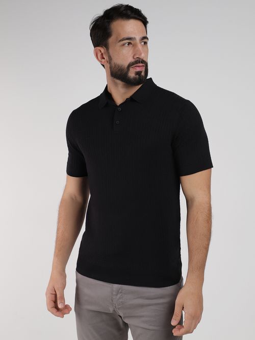 Polo Tricot Canelado Manga Curta Masculina PRETO