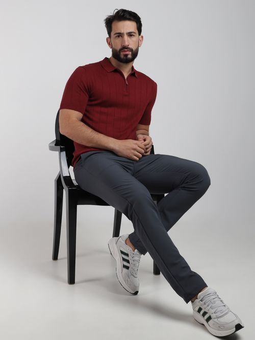 Polo Tricot Canelado Manga Curta Masculino BORDO