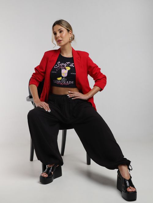 Blusa Canelada Manga Curta Autentique Feminina PRETO