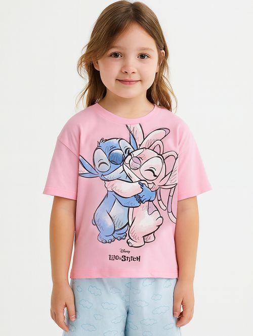 Blusa Stitch Manga Curta Infantil Para Menina - ROSA