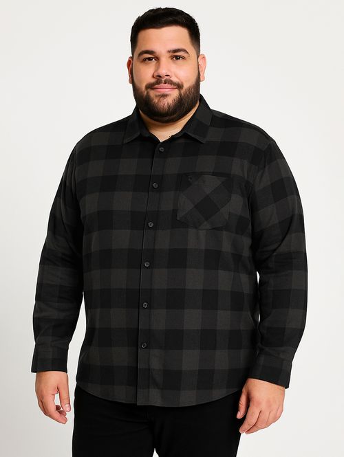 Camisa Manga Longa Xadrez Plus Size Masculina PRETO