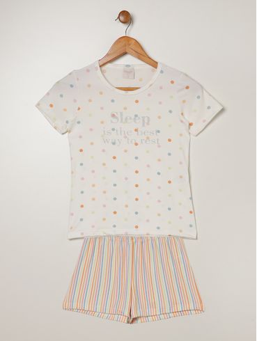 Pijama Curto Suede Poá Juvenil Para Menina - OFF WHITE