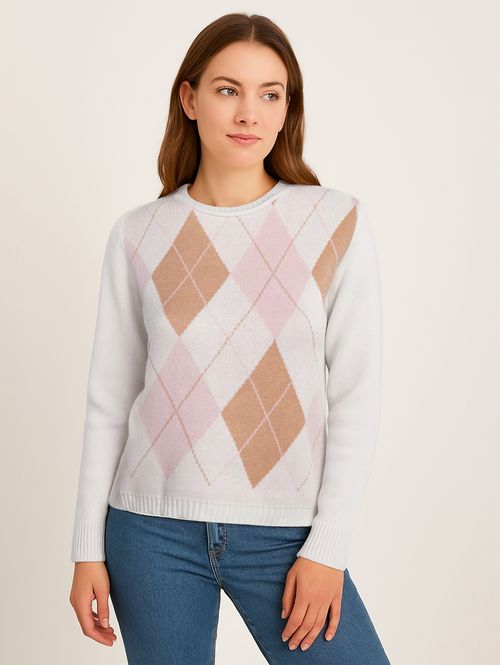 Blusão Tricot Xadrez Argyle  Feminino BEGE