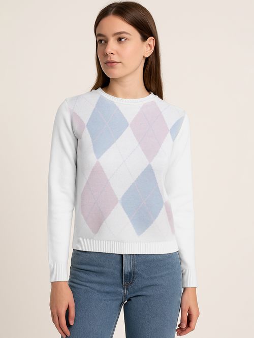 Blusão Tricot Xadrez Argyle  Feminino AZUL CLARO/ROSA CLARO