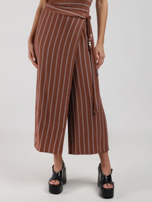 Calça Malha Pantacourt Listras Autentique Feminina MARROM