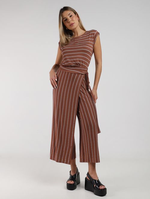 Calça Malha Pantacourt Listras Autentique Feminina MARROM