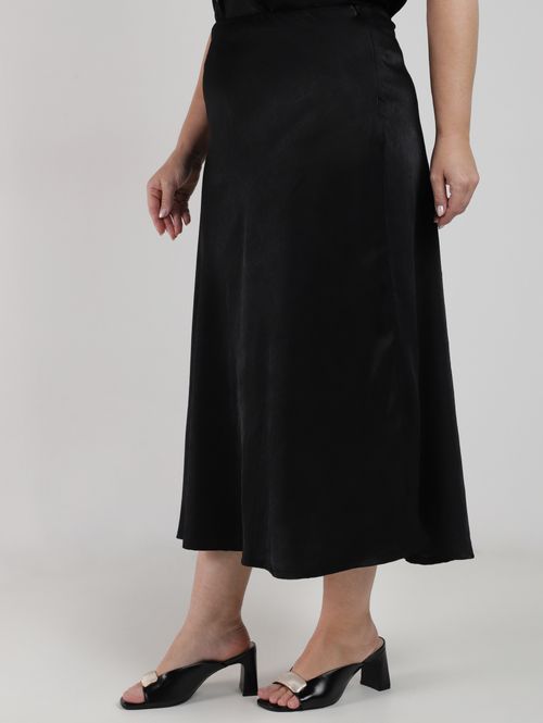 Saia Midi Acetinada Plus Size Feminina PRETO