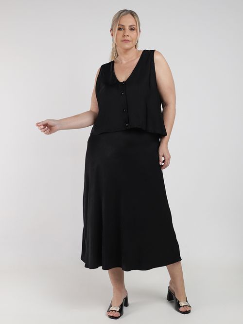 Saia Midi Acetinada Plus Size Feminina PRETO