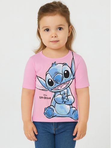 Blusa Manga Curta Stitch Juvenil Para Menina - ROSA