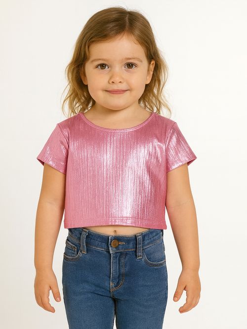Blusa Manga Curta Cropped Infantil Para Menina - ROSA