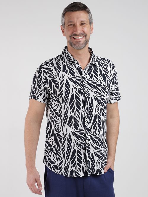 Camisa Estampada Manga Curta Masculina BRANCO/PRETO