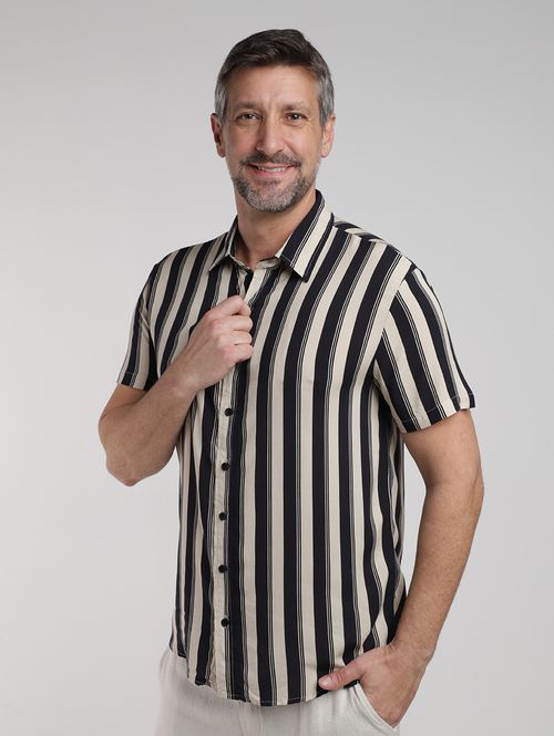Camisa Listrada Manga Curta Masculina BEGE