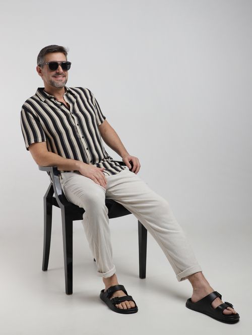 Camisa Listrada Manga Curta Masculina BEGE