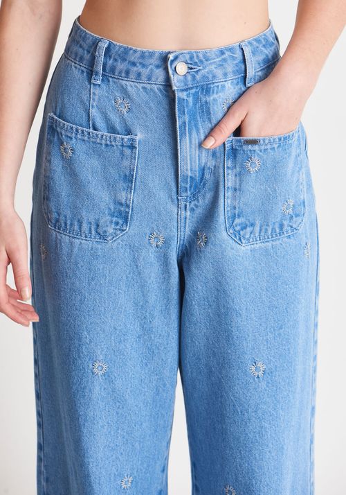 Calça jeans wide leg estampa sol