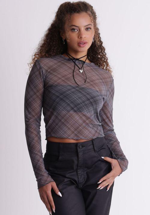 Blusa em tule manga longa xadrez