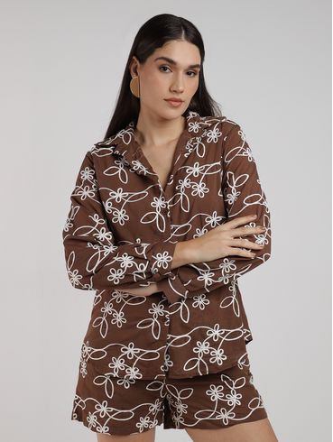 Camisa Textura Flores Eagle Rock Feminina MARROM