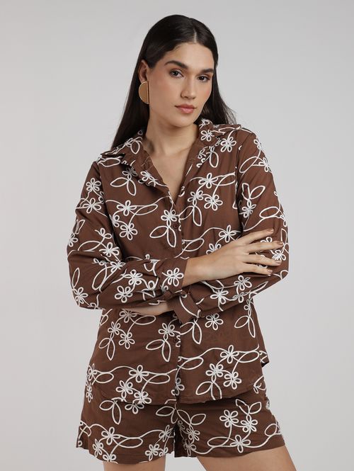 Camisa Textura Flores Eagle Rock Feminina MARROM