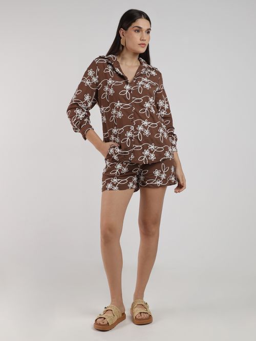 Camisa Textura Flores Eagle Rock Feminina MARROM
