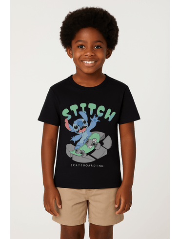 Camiseta Stitch Manga Curta Infantil Para Menino- PRETO