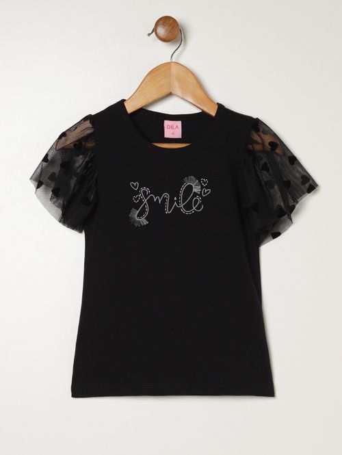 Blusa Cotton Manga Curta Infantil Para Menina - PRETO