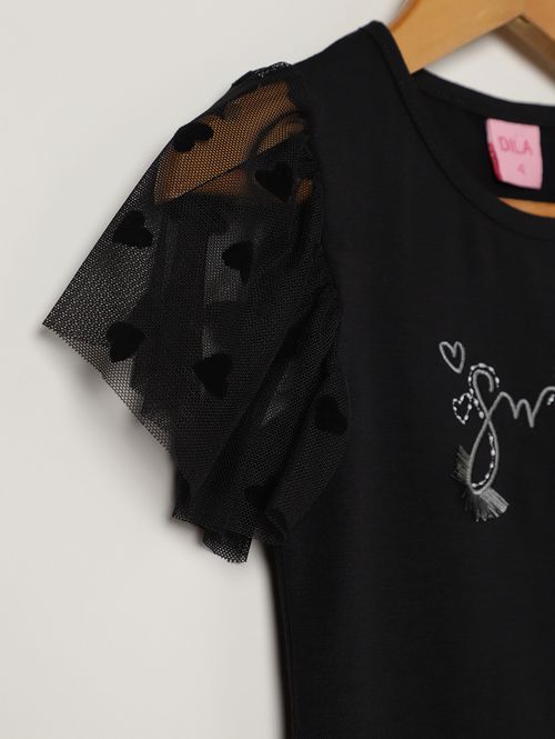 Blusa Cotton Manga Curta Infantil Para Menina - PRETO
