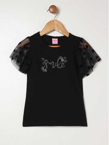 Blusa Cotton Manga Curta Infantil Para Menina - PRETO