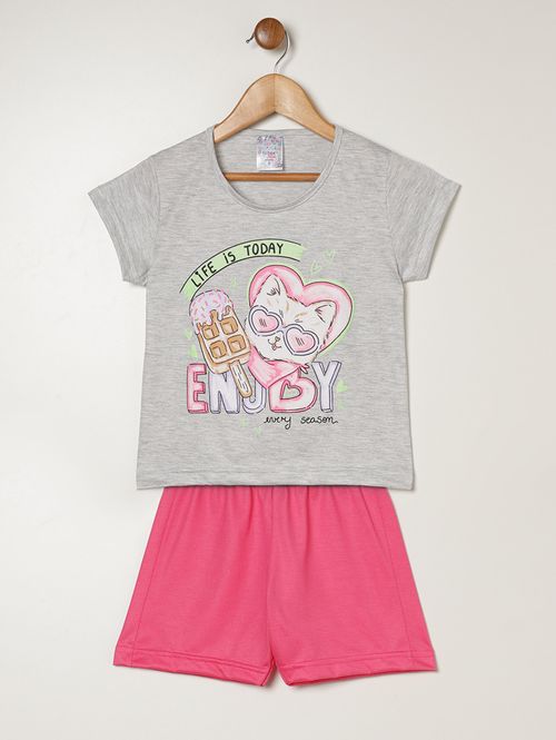 Pijama Curto Estampado Infantil Para Menina - MESCLA/PINK