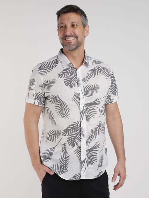 Camisa Slim Estampada Eletrón Masculina CINZA CLARO/OFF WHITE