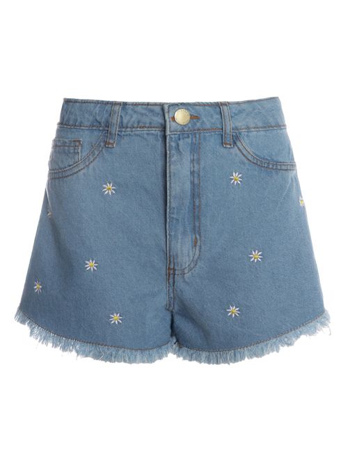 Short Jeans Bordado Margaridas Feminino AZUL