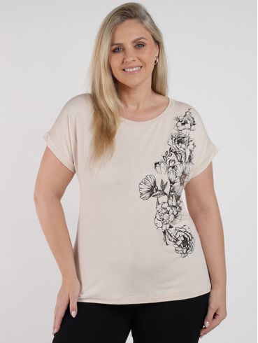 Blusa Manga Curta Floral Plus Size Feminina AREIA