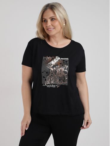 Blusa Manga Curta Estampada Plus Size Feminina PRETO