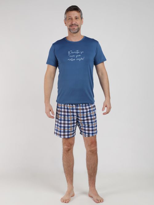 Pijama Curto Suede Xadrez Masculino AZUL