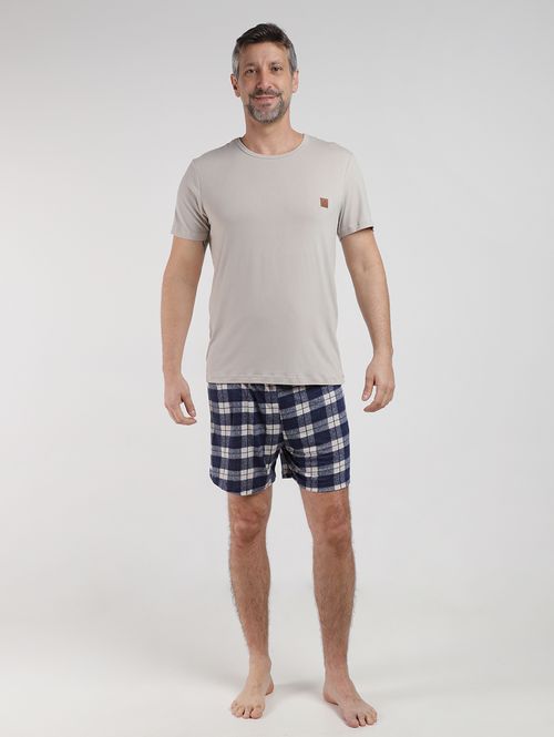 Pijama Curto Suede Xadrez Masculino BEGE