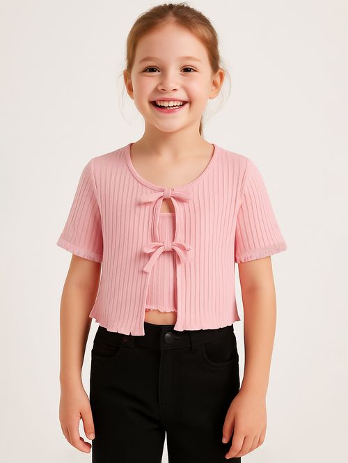 Blusa Sobreposição Canelado Infantil Para Menina- ROSA CLARO
