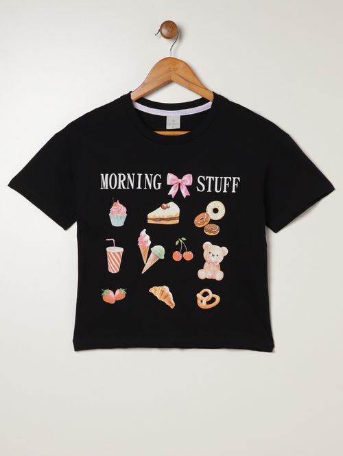 Blusa Manga Curta Juvenil Para Menina - PRETO