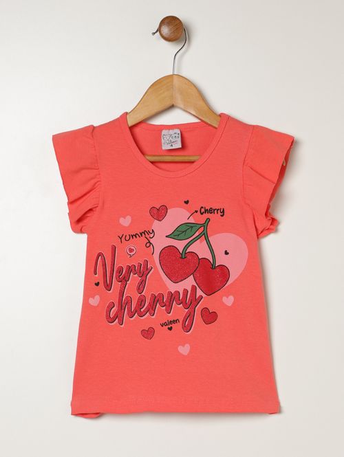 Blusa Cotton Manga Curta Infantil Para Menina- CORAL