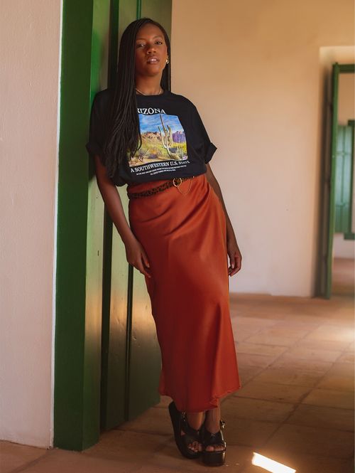 Saia Midi Acetinada Feminina MARROM