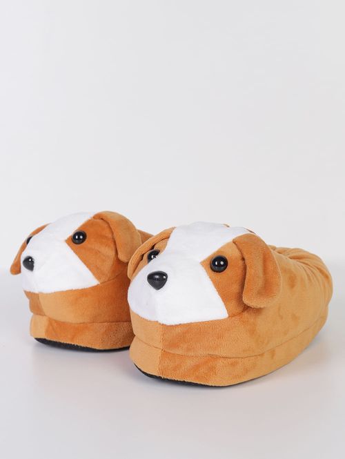 Pantufa Cachorro Nico Juvenil Para Menina - MARROM/BRANCO