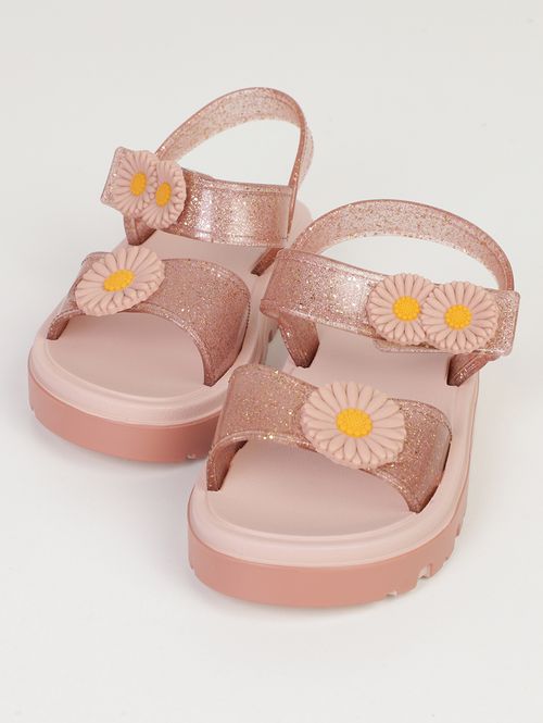Sandália Flower Glitter Infantil Para Bebê Menina- NUDE