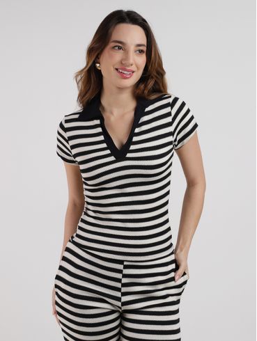 Polo Listrada Manga Curta Autentique Feminina PRETO/PRETO/OFF WHITE