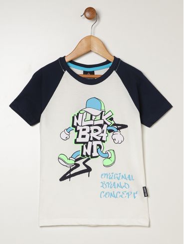 Camiseta Raglan Manga Curta Infantil Para Menino- OFF WHITE/MARINHO