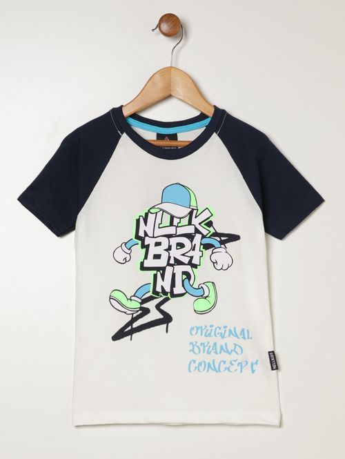 Camiseta Raglan Manga Curta Infantil Para Menino- OFF WHITE/MARINHO