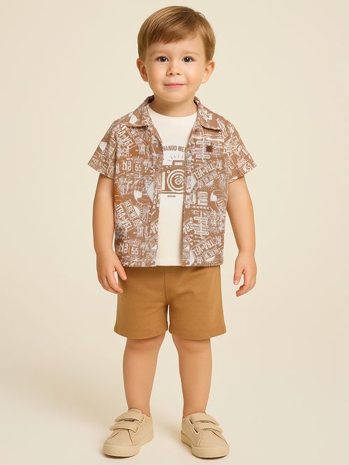 Conjunto Curto Estampado Infantil Para Menino - MARROM