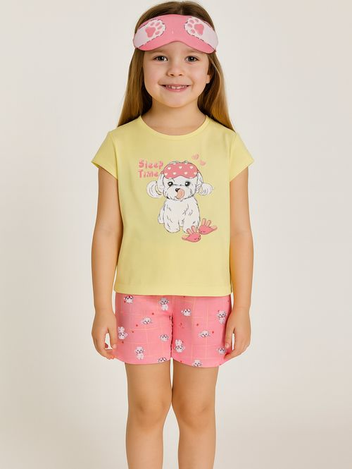 Pijama Curto Com Tapa Olho Infantil Para Menina - AMARELO