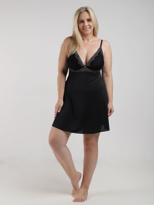 Camisola Microfibra Com Renda Plus Size Feminina PRETO