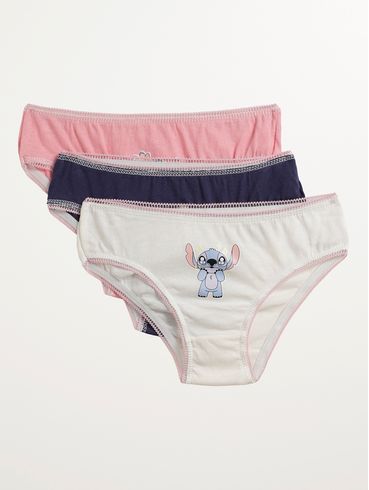 Kit com 03 Calcinhas Stitch Infantil Para Menina- ROSA/MARINHO/OFF WHITE