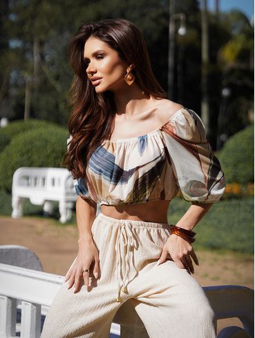 Blusa Ciganinha Tule Cropped Autentique Feminina AREIA