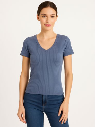 Blusa Manga Curta Canelada Autentique Feminina Azul