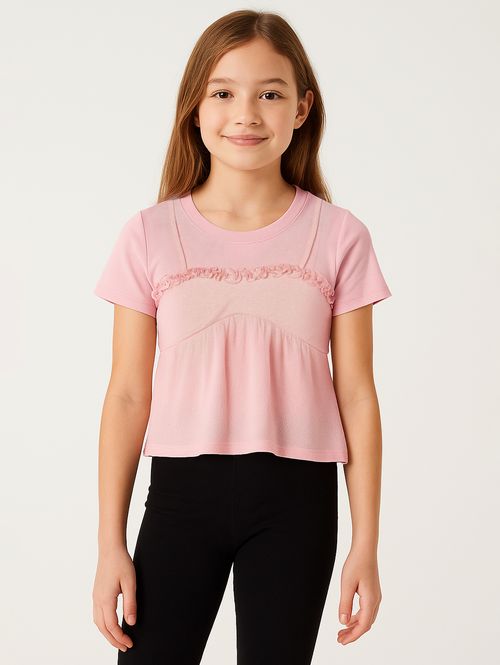 Blusa Manga Curta com Babado Juvenil Para Menina- ROSA