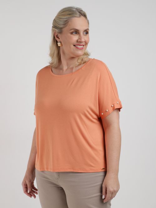 Blusa Manga Curta Com Pérolas Plus Size Feminina CORAL